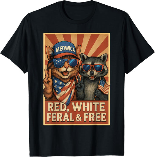 Red White Feral and Free Cat Funny Fourth of July Tanks Tees T-Shirt