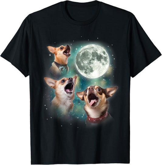 Three Chihuahuas Howl At Moon | 3 Dogs Funny Wolves Parody T-Shirt