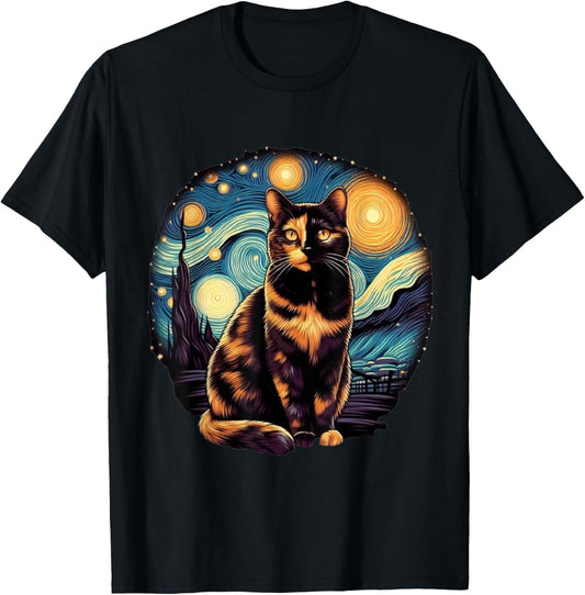 Tortoiseshell Tortie Starry Night Kitty Cat Art T-Shirt