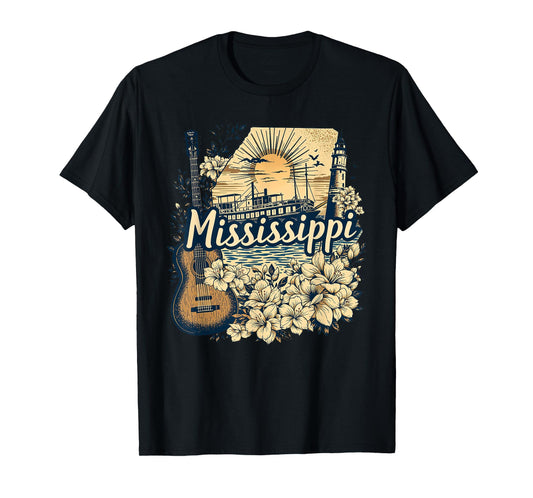Retro Mississippi Home State MS Guitar and Flowers T-Shirt