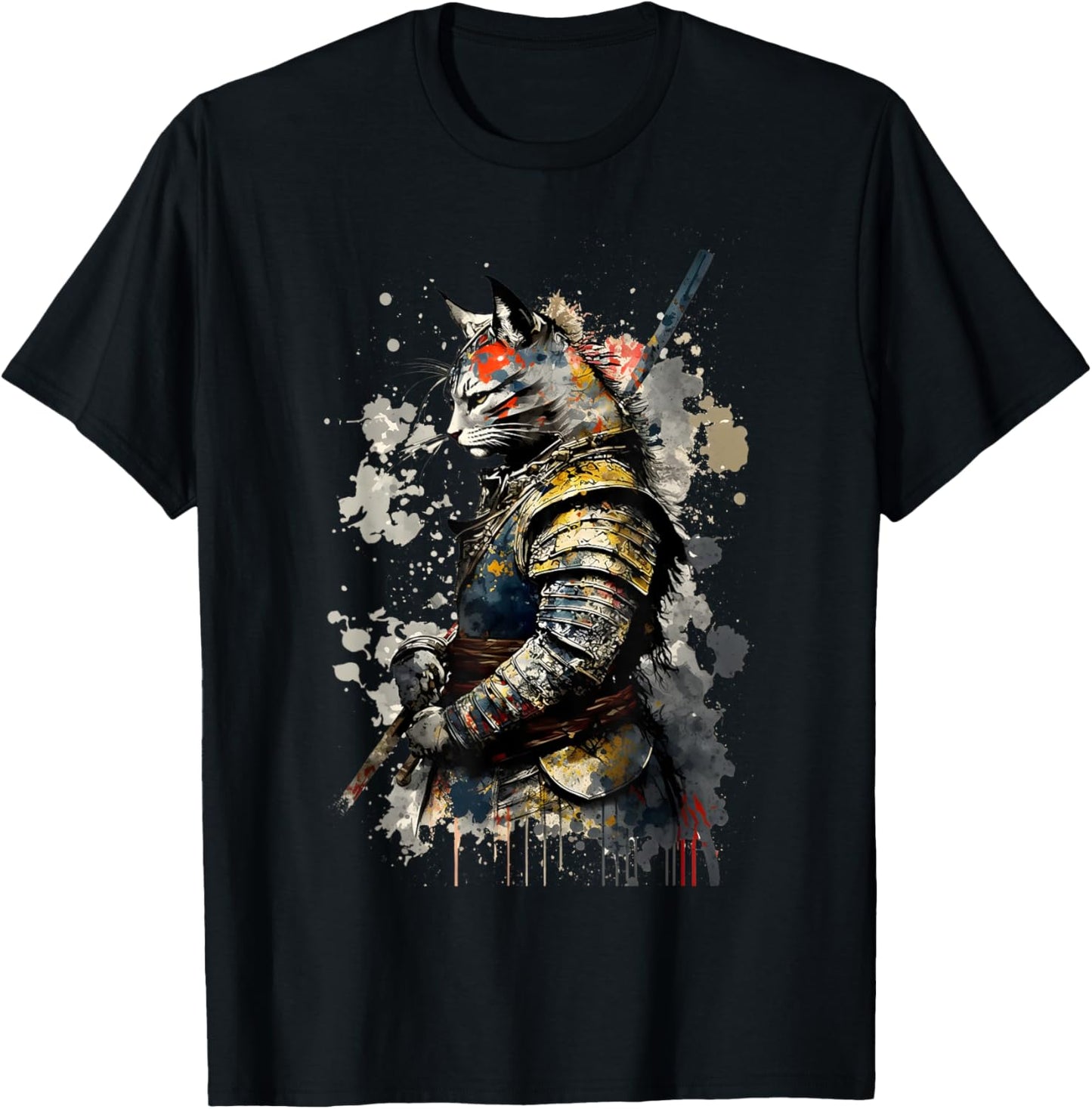 Cat Samurai Wearing Uniform Painting Portrait Cat Samurai T-Shirt