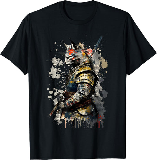 Cat Samurai Wearing Uniform Painting Portrait Cat Samurai T-Shirt