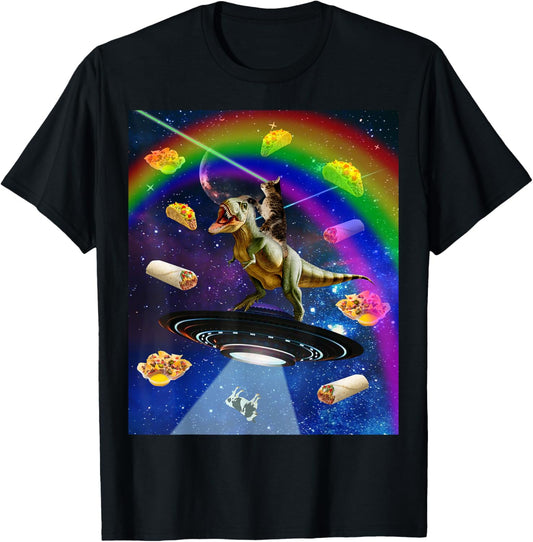 Laser Eyes Outer Space Cat Riding On T-Rex Dinosaur T-Shirt for Men Women