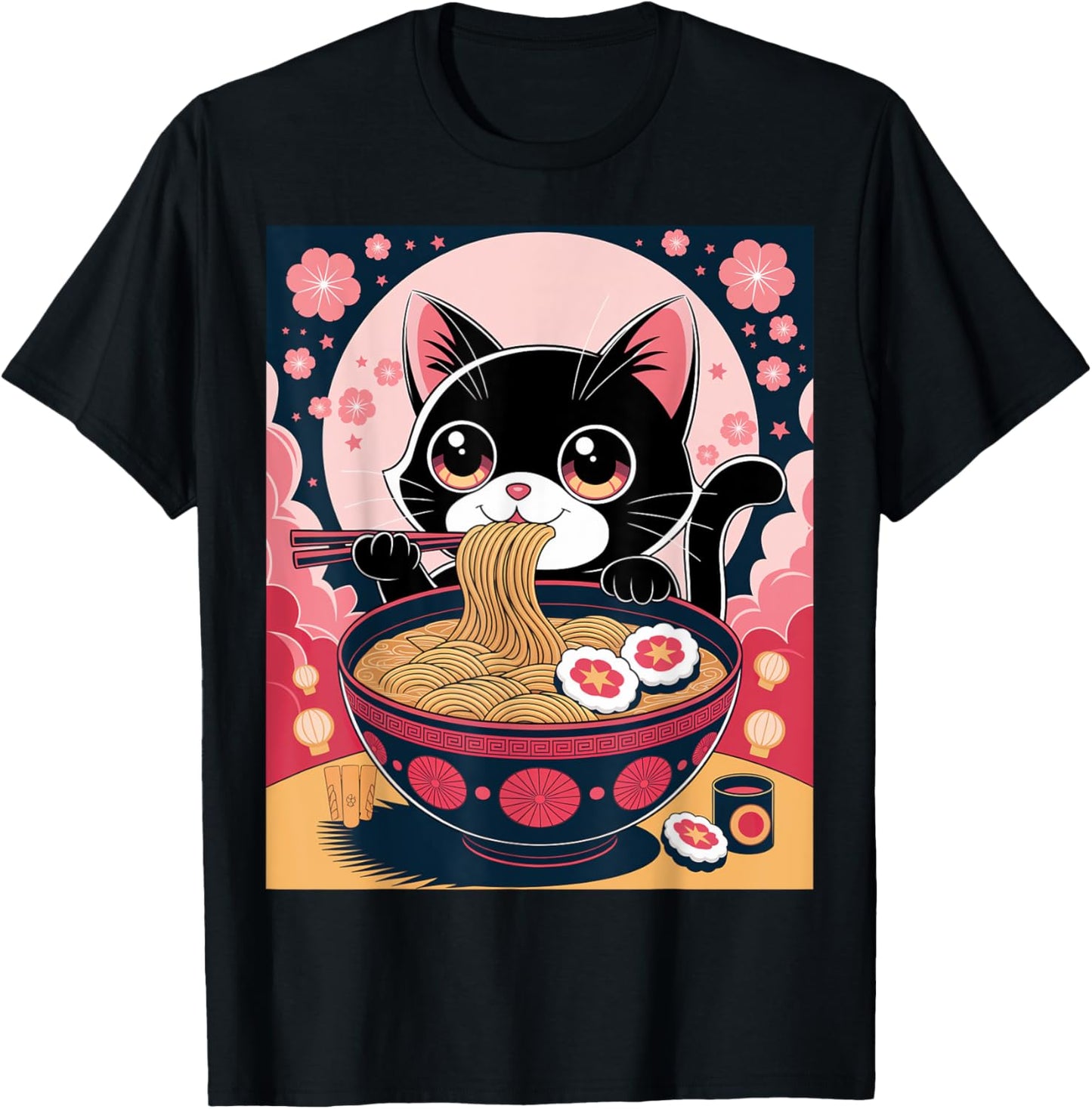 Cute Cat Eating Noodles Cherry Blossom Scene Cat Ramen T-Shirt