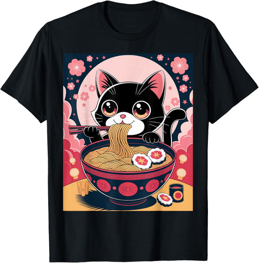 Cute Cat Eating Noodles Cherry Blossom Scene Cat Ramen T-Shirt