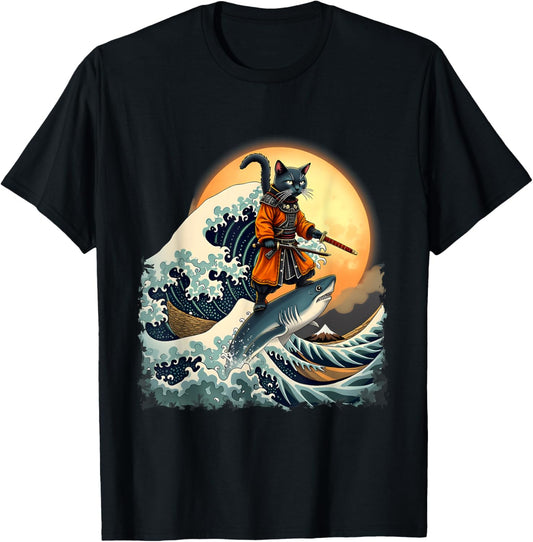 Samurai Cat Riding Shark Epic Wave Cat Lovers Costume T-Shirt