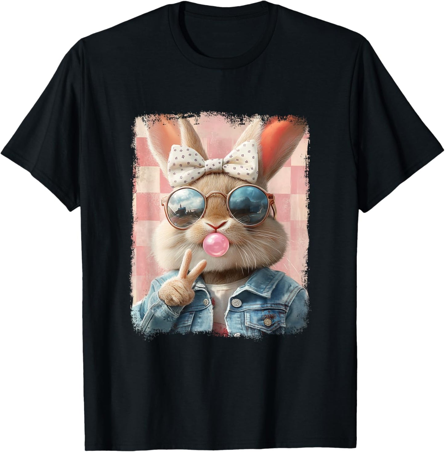 Vintage Cool Bunny Bubblegum Peace Sign Aesthetic Easter Day T-Shirt