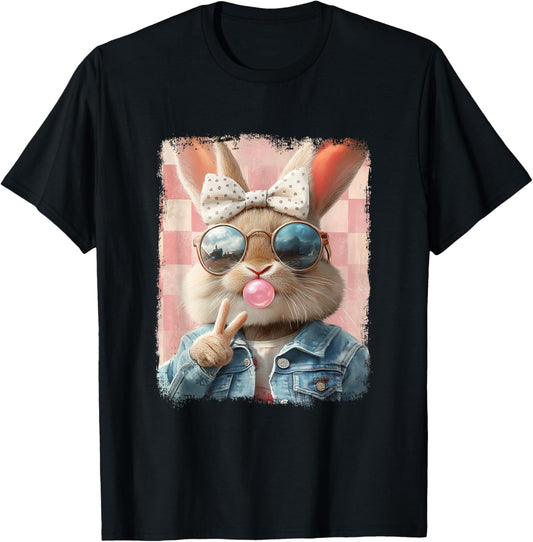 Vintage Cool Bunny Bubblegum Peace Sign Aesthetic Easter Day T-Shirt