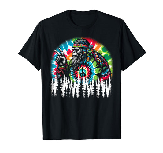 Hippie Bigfoot Peace Sign Tie Dye Forest Vibes T-Shirt