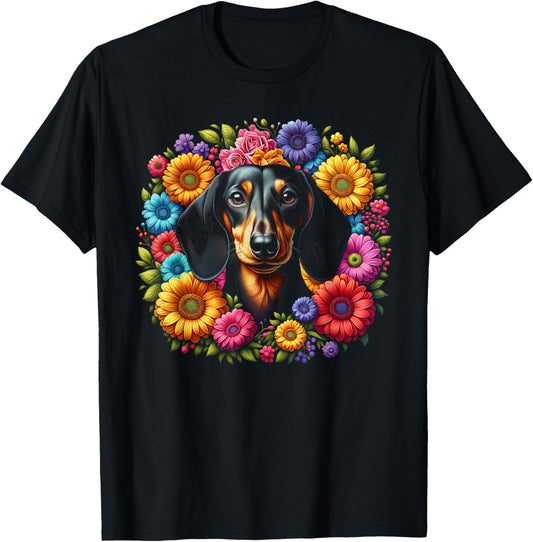 Cute Dachshund with Colourful Flowers T-Shirt