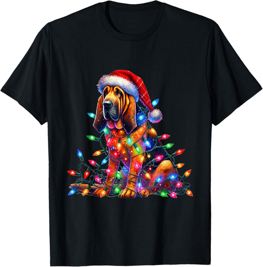 Bloodhound Christmas Lights Santa Hat Dog Lover T-Shirt