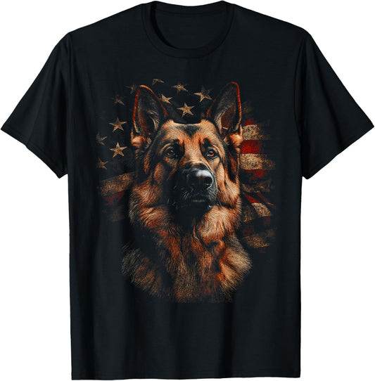 German Shepherd USA Flag Patriotic Dog Art T-Shirt