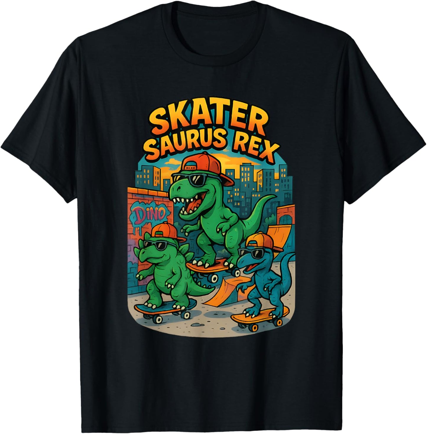 Dino Skatepark Cartoon Street Scene T-Shirt