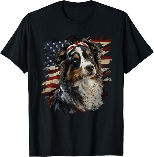 Australian Shepherd Patriotic 4th Of July USA American Flag T-Shirt