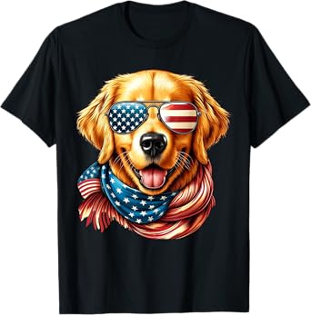 Golden Retriever Dog American Flag Sunglasses 4th of July T-Shirt