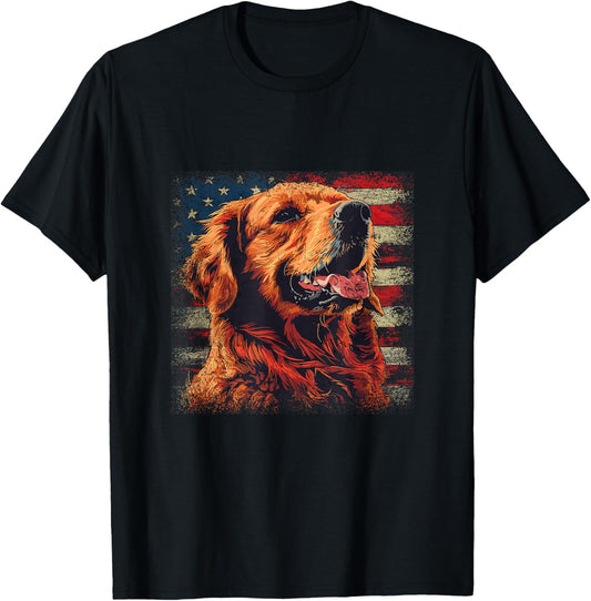 Golden Retriever Dog Vintage Patriotic American USA Flag T-Shirt