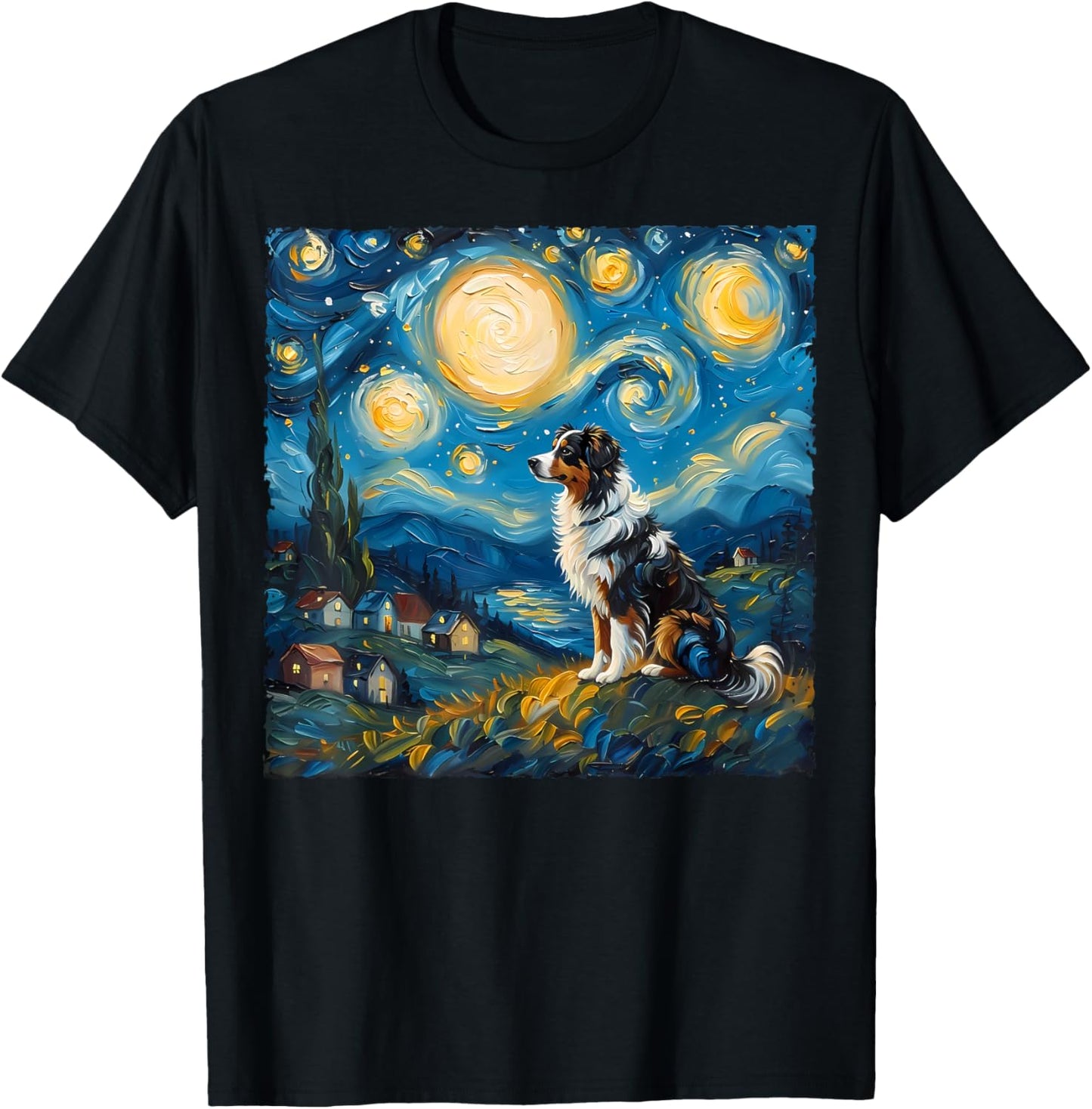 Australian Shepherd Dog Lovers Starry Night Van Gogh Style T-Shirt