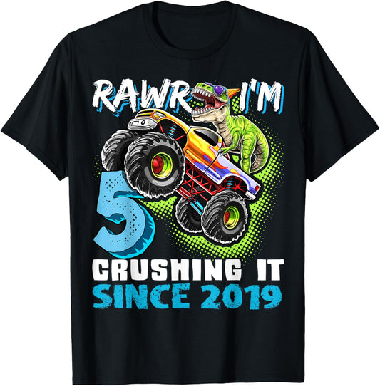 Dinosaur Monster Truck 5th Birthday Party Boys Rawr I'm 5 T-Shirt
