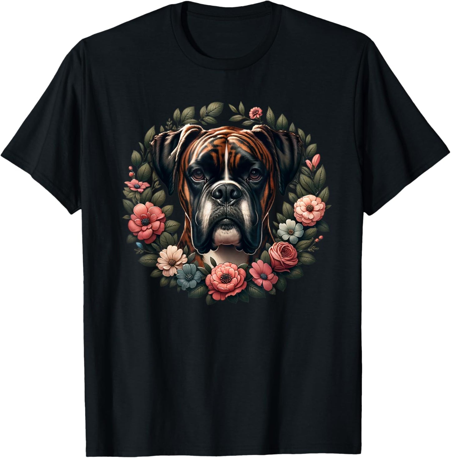 Unisex-Adults & Kids Retro Floral Wreath Boxer Dog Lover T-Shirt - Black, Small, Short Sleeve