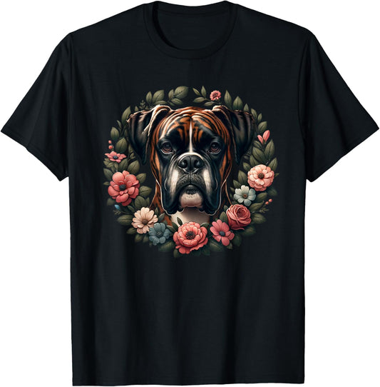 Unisex-Adults & Kids Retro Floral Wreath Boxer Dog Lover T-Shirt - Black, Small, Short Sleeve