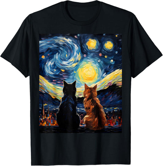 Funny Couples Cats Lover Starry Night Vincent van Gogh Cat T-Shirt