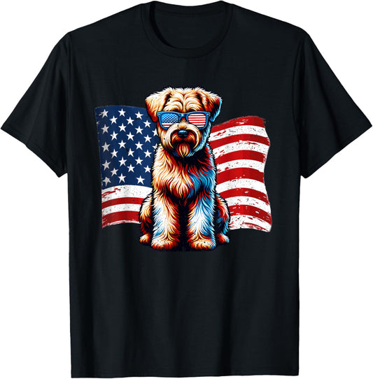 Soft coated Wheaten Terrier American Flag Patriotic Vintage T-Shirt