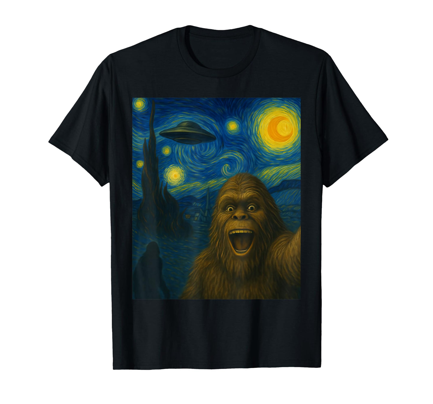 Sasquatch Selfie Big Foot On UFO Alien Starry Night Funny T-Shirt
