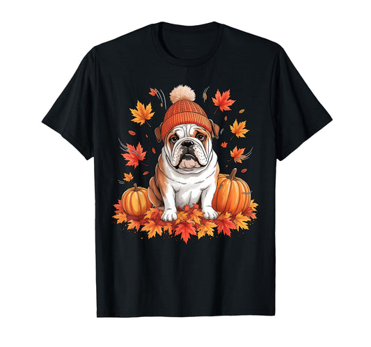Funny English Bulldog Fall Scarf Autumn Leaves Dog Lovers T-Shirt