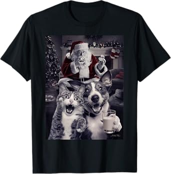 Funny Dog and Cat Selfie With Santa Christmas Men Women Girls Kids T-Shirt
