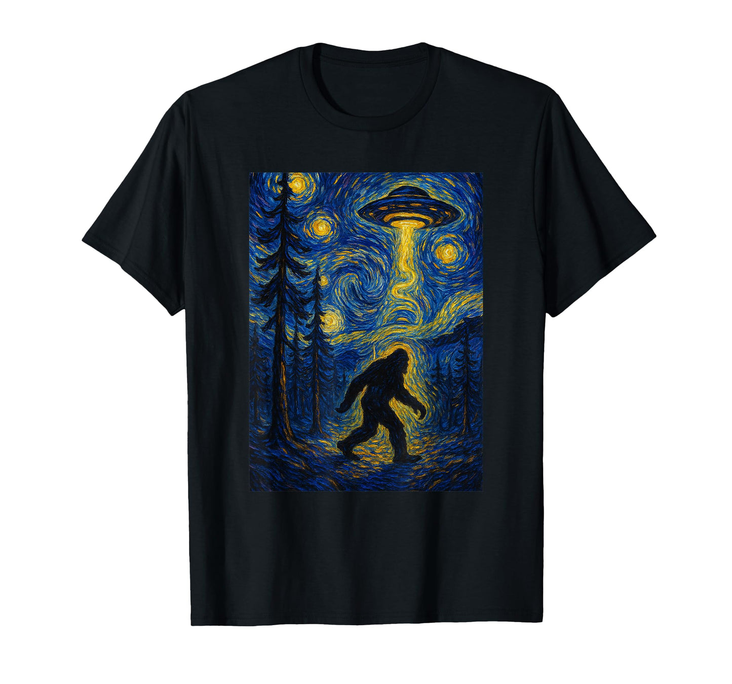 Bigfoot Starry Night Van Gogh UFO For Bigfoot Lover Mom Dad T-Shirt
