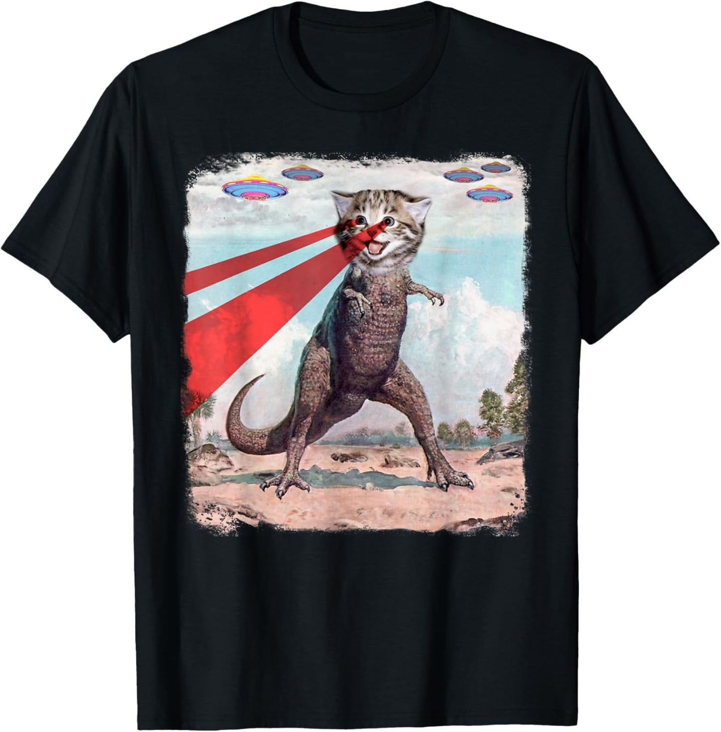 Laser Cat Shirt T Rex Cat Shirt Retro T Shirt Funny UFO Tee T-Shirt for Men Women Kids
