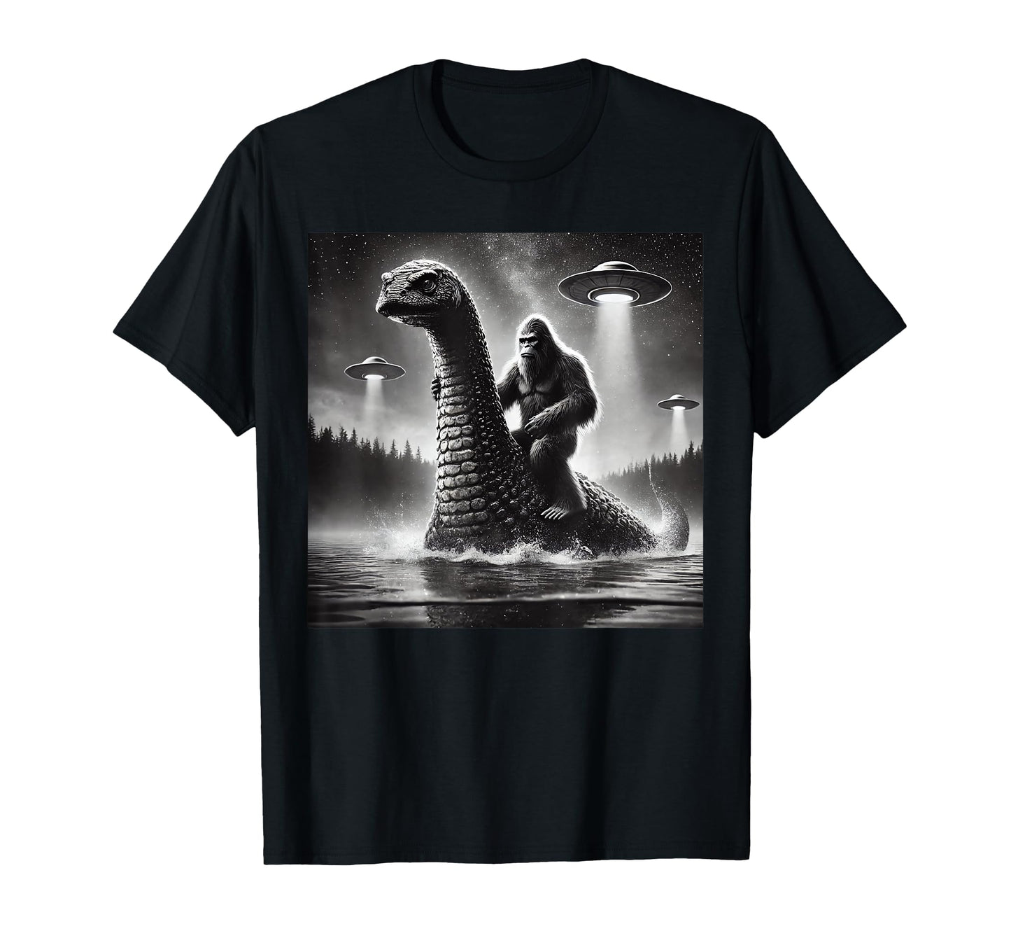 Bigfoot Riding Loch Ness Monster Alien UFO Funny Men Graphic T-Shirt