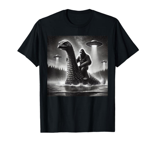 Bigfoot Riding Loch Ness Monster Alien UFO Funny Men Graphic T-Shirt