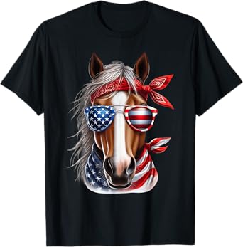 Horse 4th of July Shirt Men Boys Horse American USA Flag T-Shirt