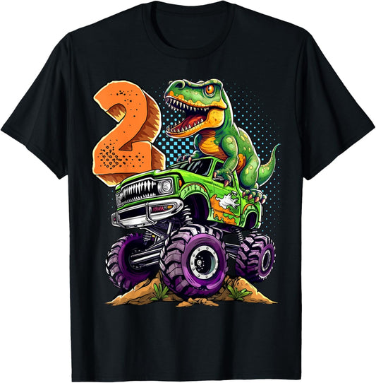 Monster Truck Dinosaur T-Rex 2nd Birthday Boy 2 Year Old T-Shirt