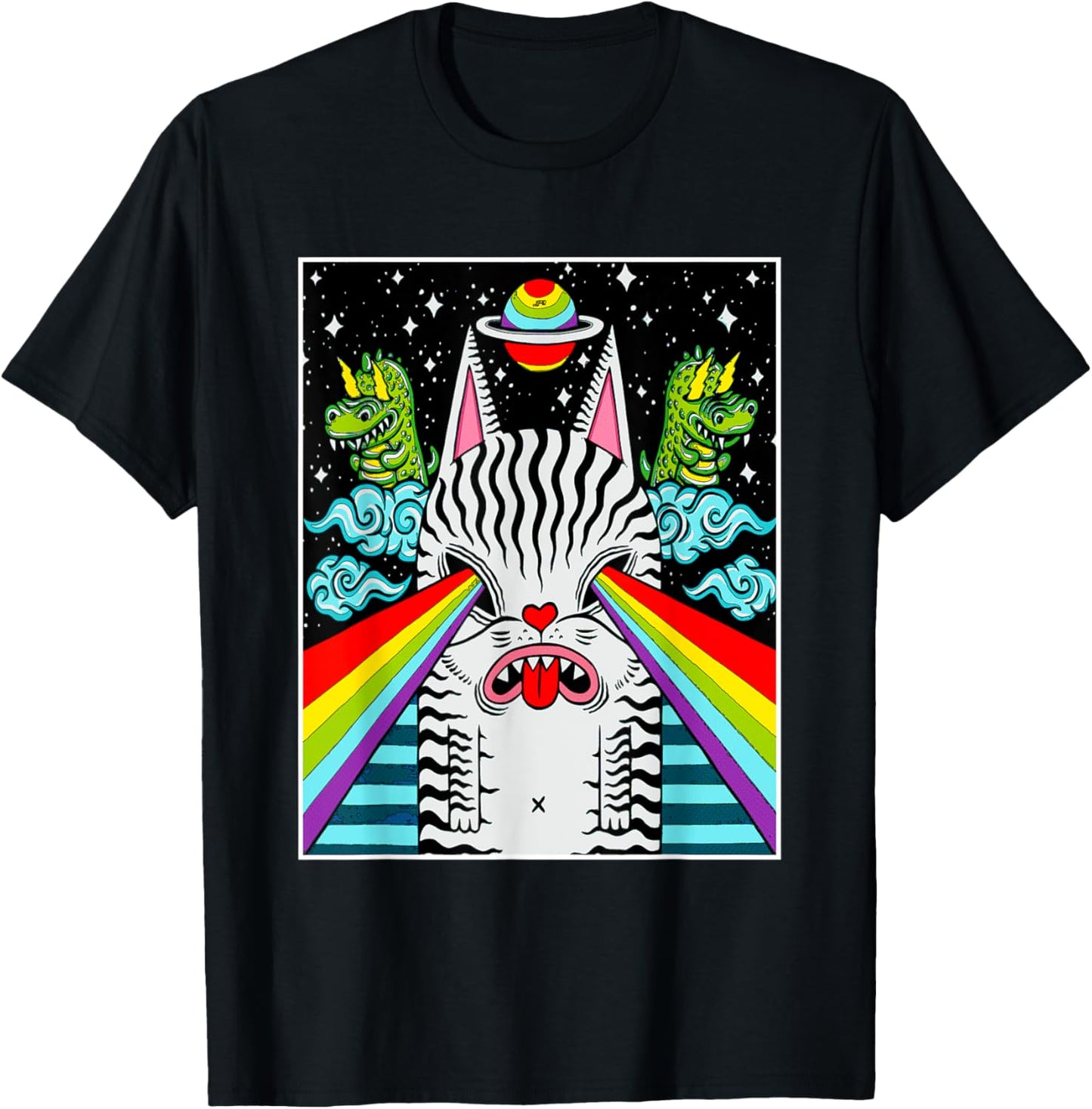 Trippy Psychedelic Rainbow Space Cat Dinosaur Pop Art Shirt T-Shirt