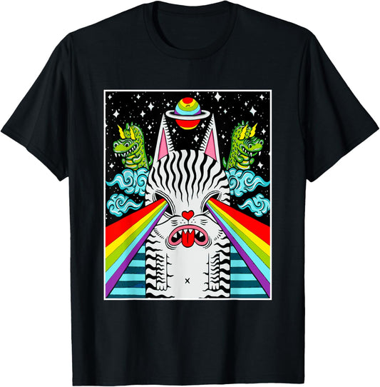 Trippy Psychedelic Rainbow Space Cat Dinosaur Pop Art Shirt T-Shirt