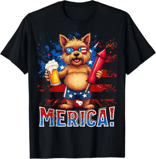 Yorkshire Terrier Merica Firework Beer Patriotic 4th of July T-Shirt