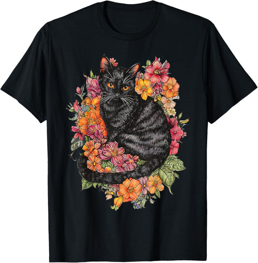 Cat Flower Floral Cute Kitten Graphic T-Shirt