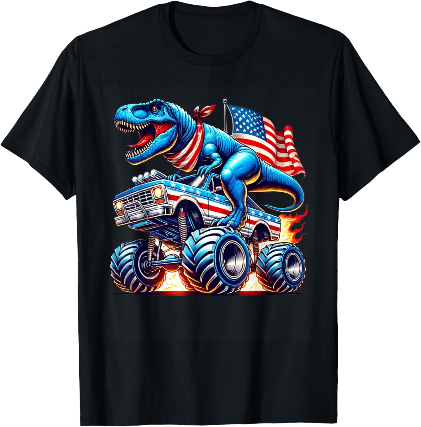 4th of July Monster Truck Dinosaur T-Rex USA Flag Boys Kids T-Shirt