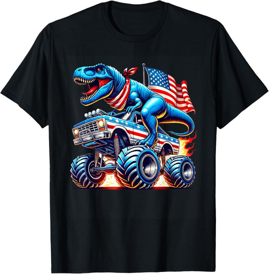 4th of July Monster Truck Dinosaur T-Rex USA Flag Boys Kids T-Shirt
