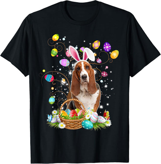 Basset Hound Dog Easter Egg Hunting Basket Easter Day T-Shirt