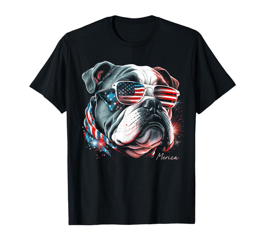English Bulldog Dog 4th of July American Flag USA Funny T-Shirt
