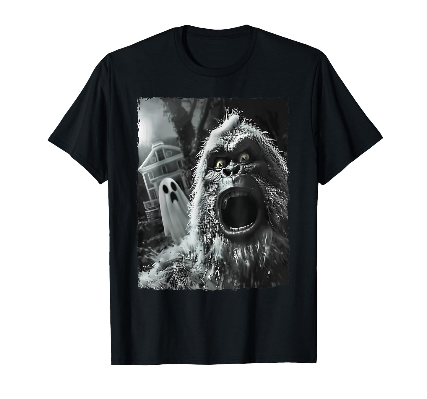 bigfoot sasquatch selfie with ghost halloween haunted house T-Shirt
