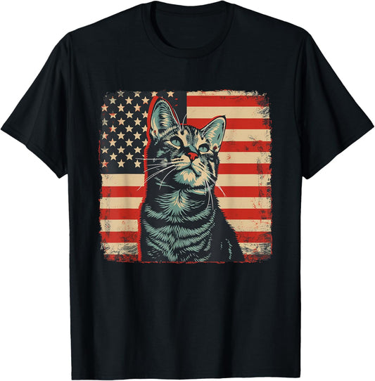 America Flag Cat Pop Art Shirt 4th of July T-Shirt
