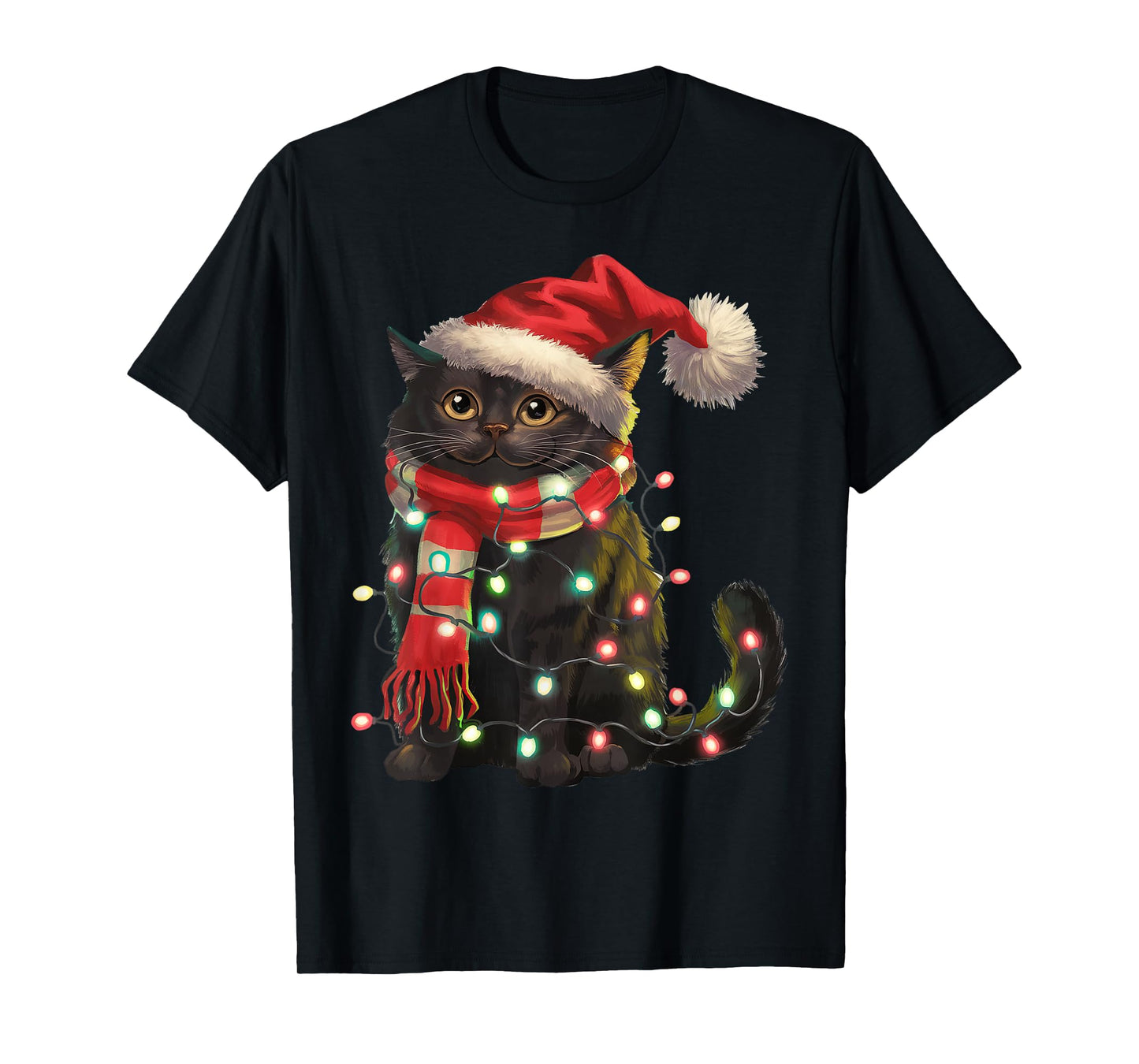 Black Cat Christmas Lights Santa Hat Christmas Cat Lover T-Shirt for Men Women Kids