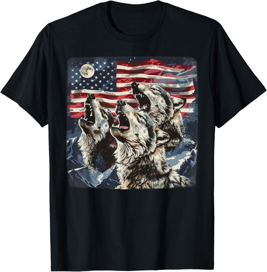 Howling Wolves Under The Moon Wolf 4th of July American Flag T-Shirt