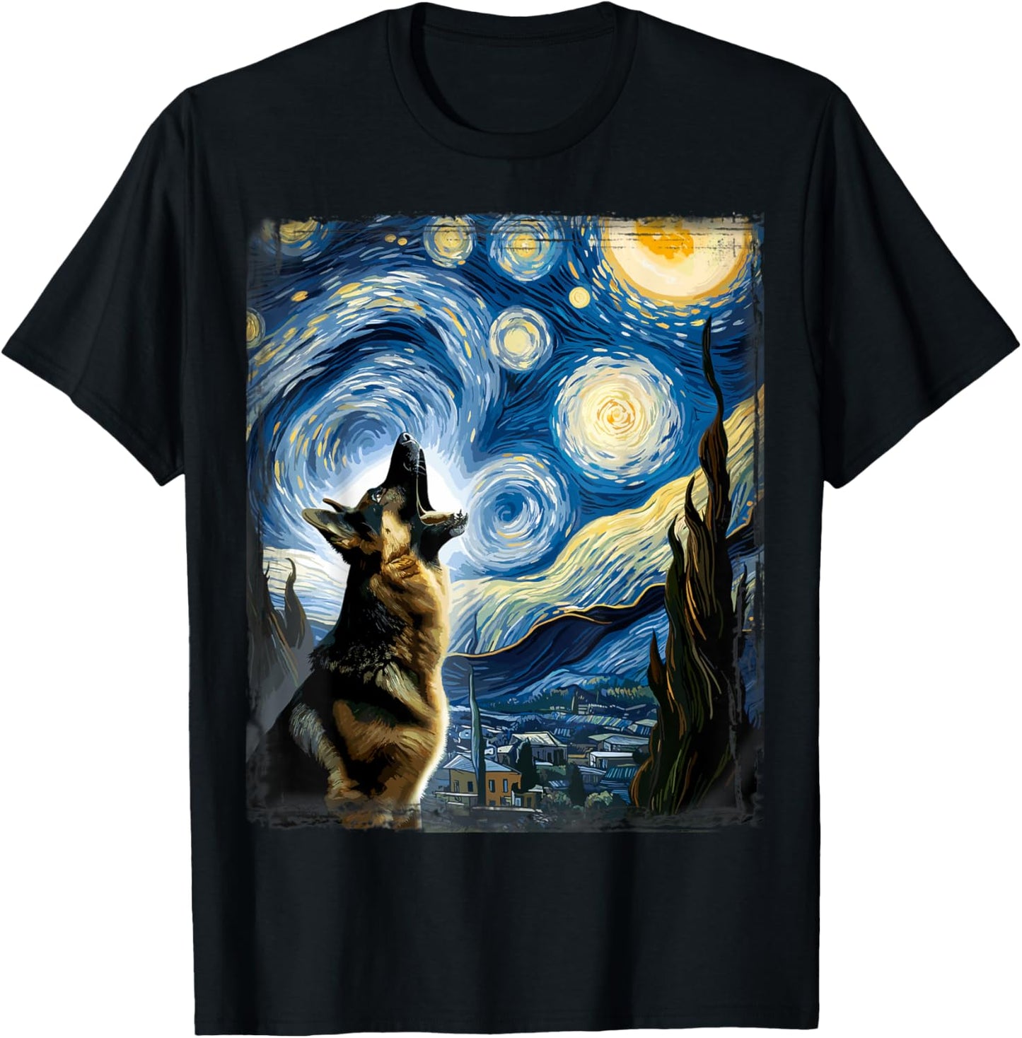 Alsatian Dog Artistic Van Gogh Starry Night German Shepherd T-Shirt
