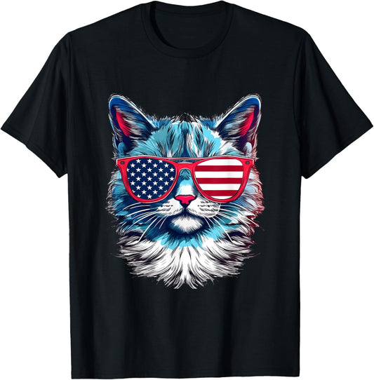 American Cat Sunglasses USA Flag 4th of July Cat Graphic T-Shirt