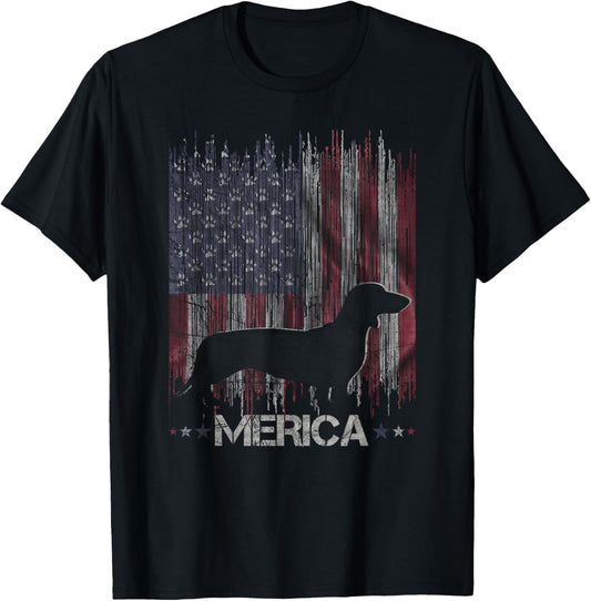 Vintage Dachshund Dog, Merica Weiner Dog USA Flag T-Shirt